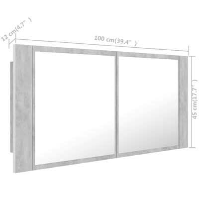 vidaXL Kylpyhuoneen LED peilikaappi betoninharmaa 100x12x45 cm akryyli