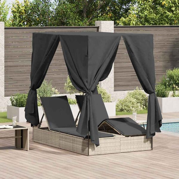 vidaXL Kaksiosainen aurinkotuoli katolla verhoilla Vaaleanharmaa