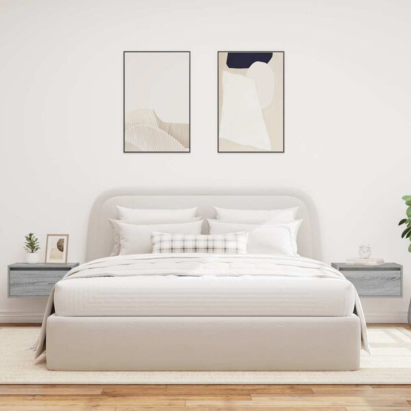 vidaXL Seinäkiinnitettävät yöpöydät LED-valoilla 2 kpl harmaa Sonoma