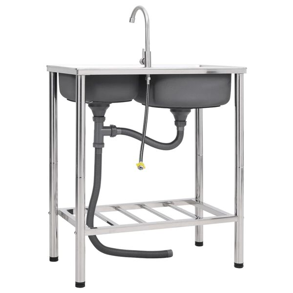 vidaXL Leirint&auml;alueen kaksoispesuallas hanalla ruostumaton ter&auml;s