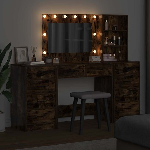 vidaXL Meikkipöytä peilivalot hyllyllä 3 pcs Savupähkinä Tekninen puu