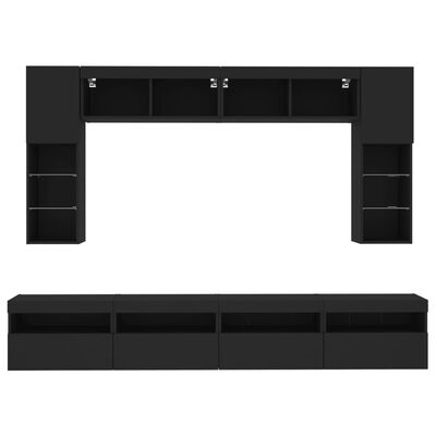 vidaXL 8-osainen TV-seinäkaappisarja LED-valoilla musta