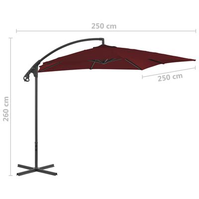 vidaXL Riippuva aurinkovarjo teräspylväällä 250x250 cm viininpunainen