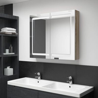 vidaXL LED kylpyhuoneen peilikaappi valkoinen ja tammi 80x12x68 cm