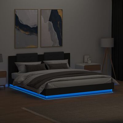 vidaXL Sängynrunko päädyllä ja LED-valoilla musta 160x200 cm