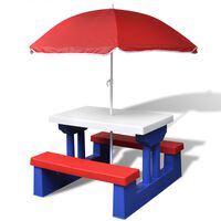 vidaXL Lasten piknikpöytä penkeillä ja aurinkovarjolla monivärinen
