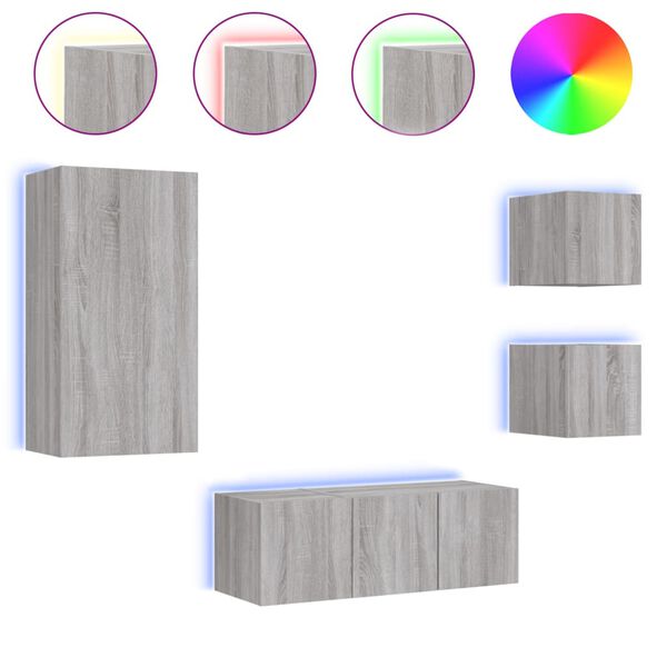 vidaXL 5-osainen LED TV-kaappisarja harmaa Sonoma tekninen puu