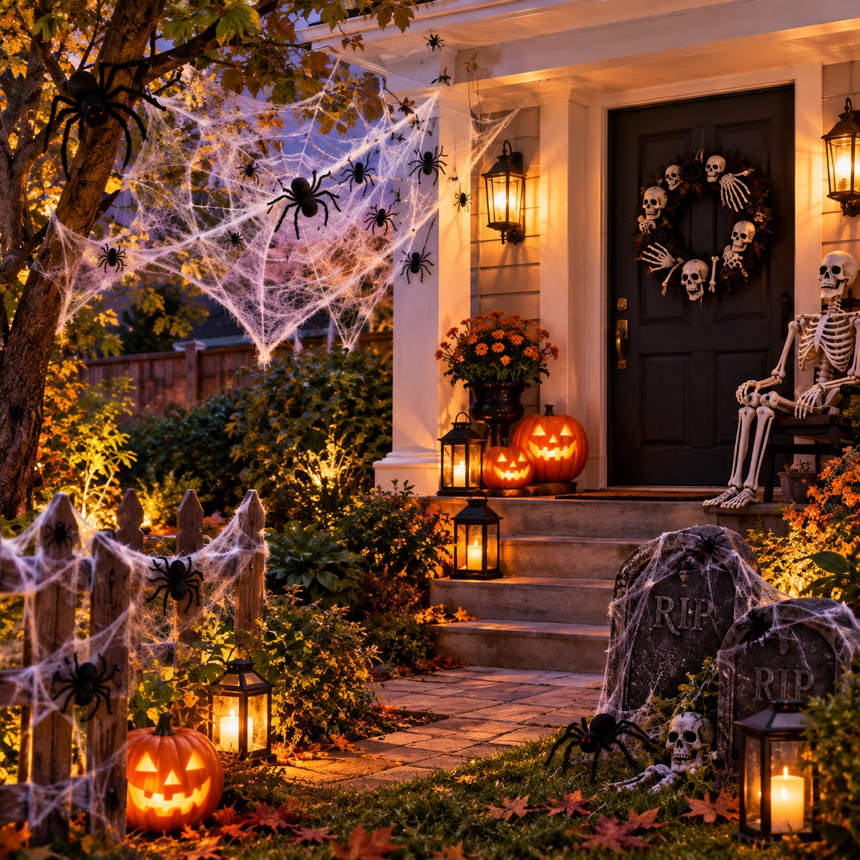 Halloween-kuisti ja puutarha, jossa on hämähäkinseittejä, hämähäkkejä ja luuranko
