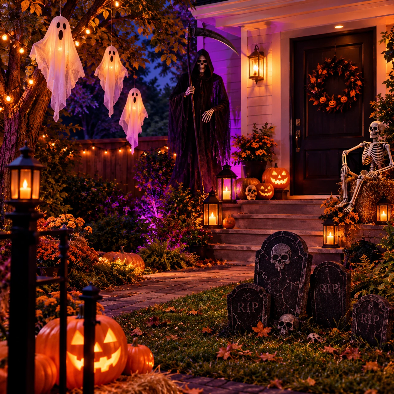 Halloween-puutarha, jossa on riippuvia kummituksia ja viikatemies