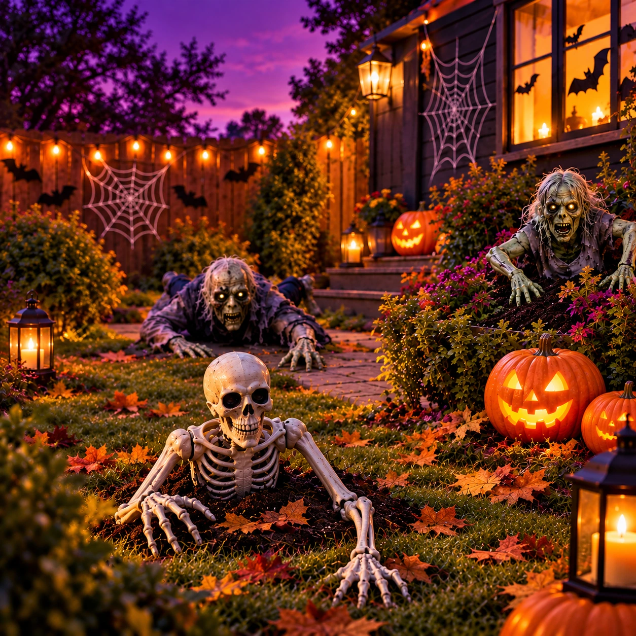 Halloween-puutarha, jossa on luuranko, zombeja ja hohtavia kurpitsoja