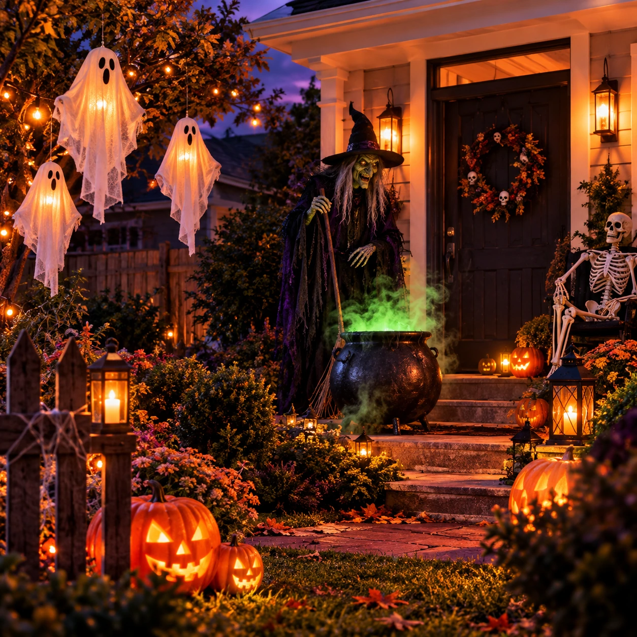 Halloween-kuisti, jossa on noita, kummituksia ja hohtavia kurpitsoja