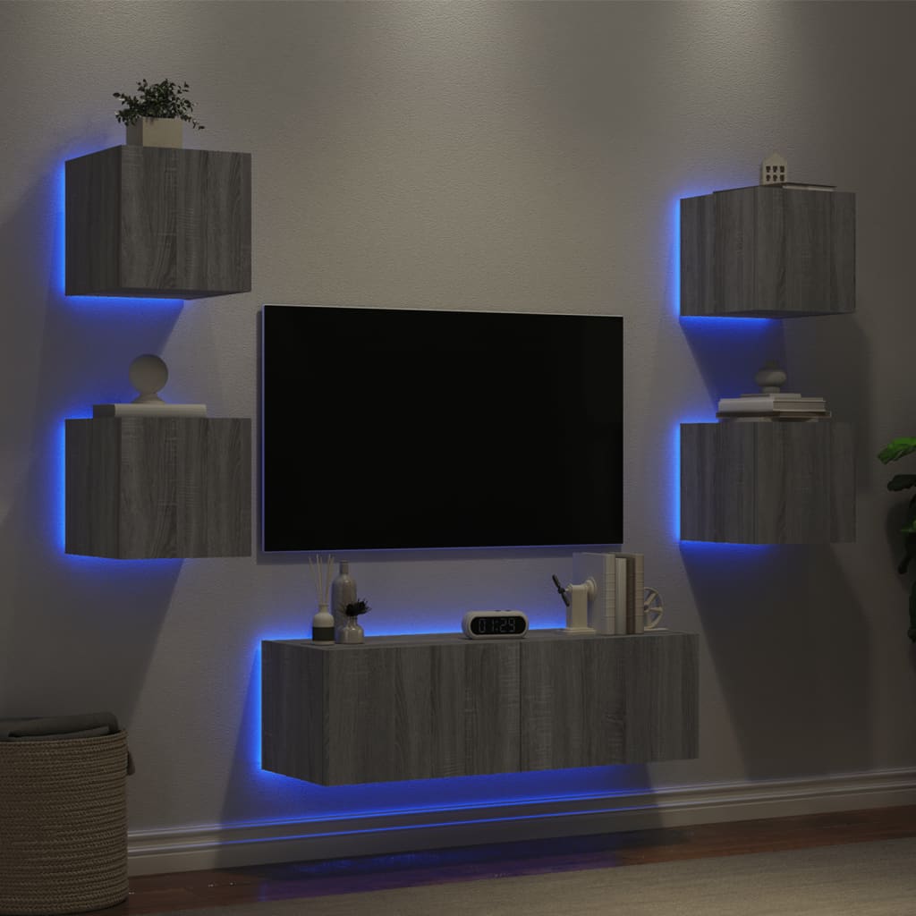 vidaXL 5-osainen TV-seinäkaappisarja LED-valoilla harmaa Sonoma