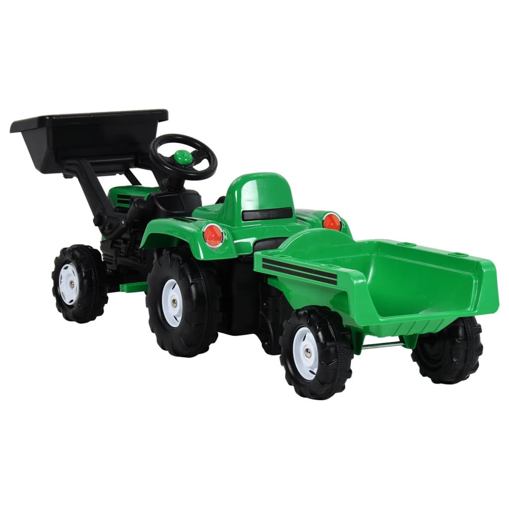 vidaXL Traktori polkuauto lapsille peräkärryllä ja kauhalla vihr/musta