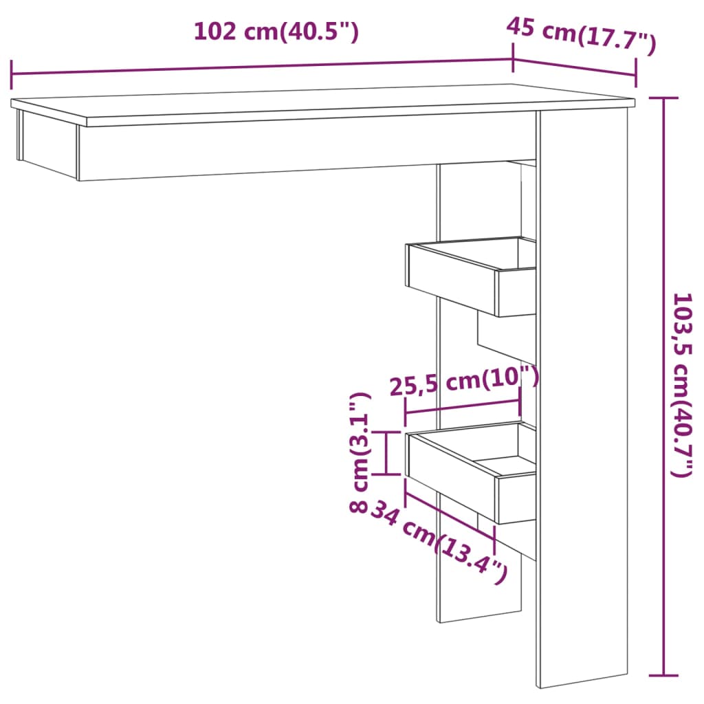 vidaXL Seinäkiinnitettävä baaripöytä valk. 102x45x103,5cm tekninen puu