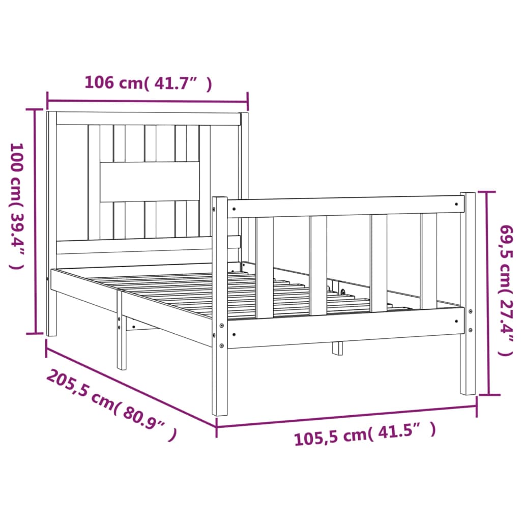 vidaXL Sängynrunko sängynpäädyllä harmaa 100x200 cm täysi mänty