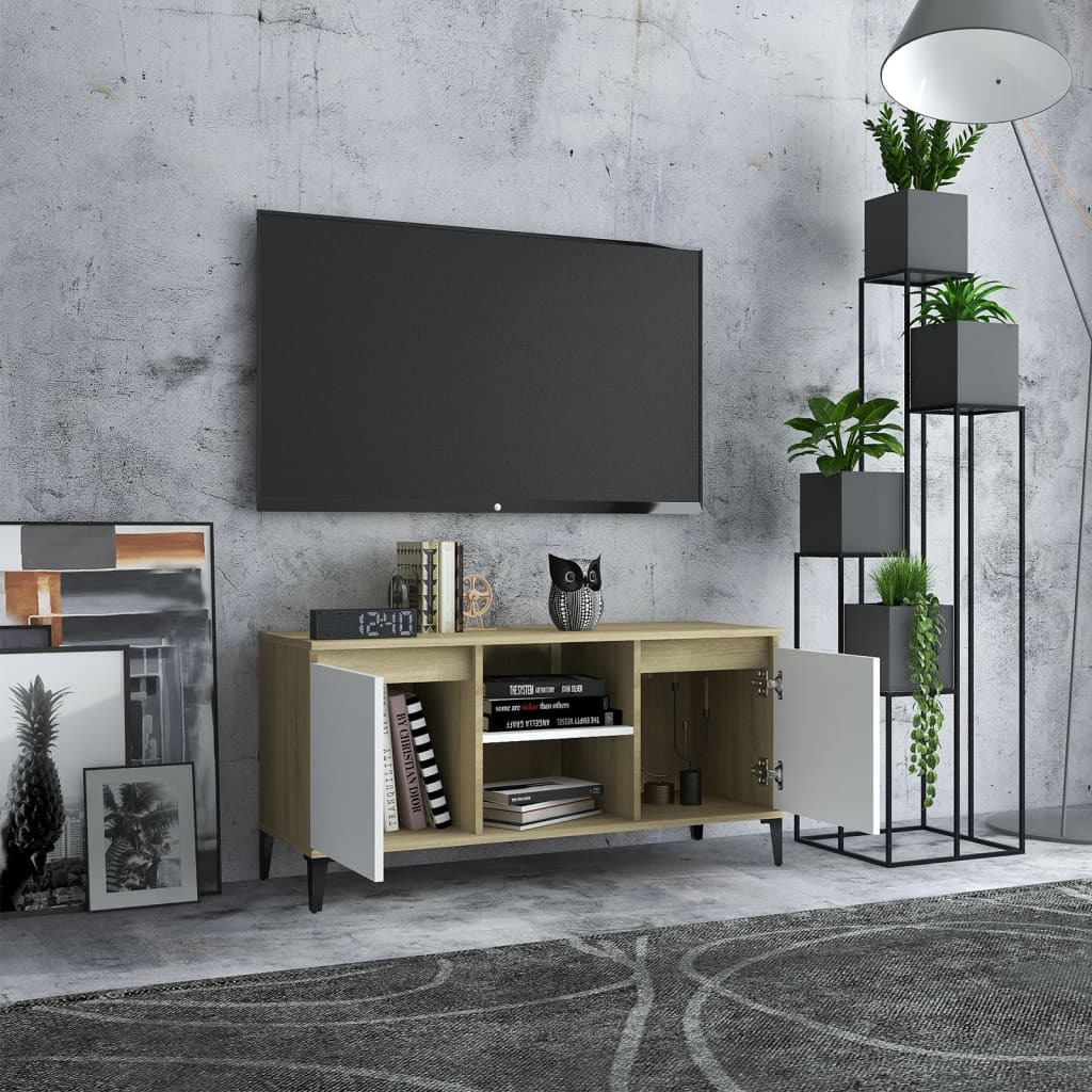 vidaXL TV-taso metallijaloilla valkoinen/Sonoma-tammi 103,5x35x50 cm
