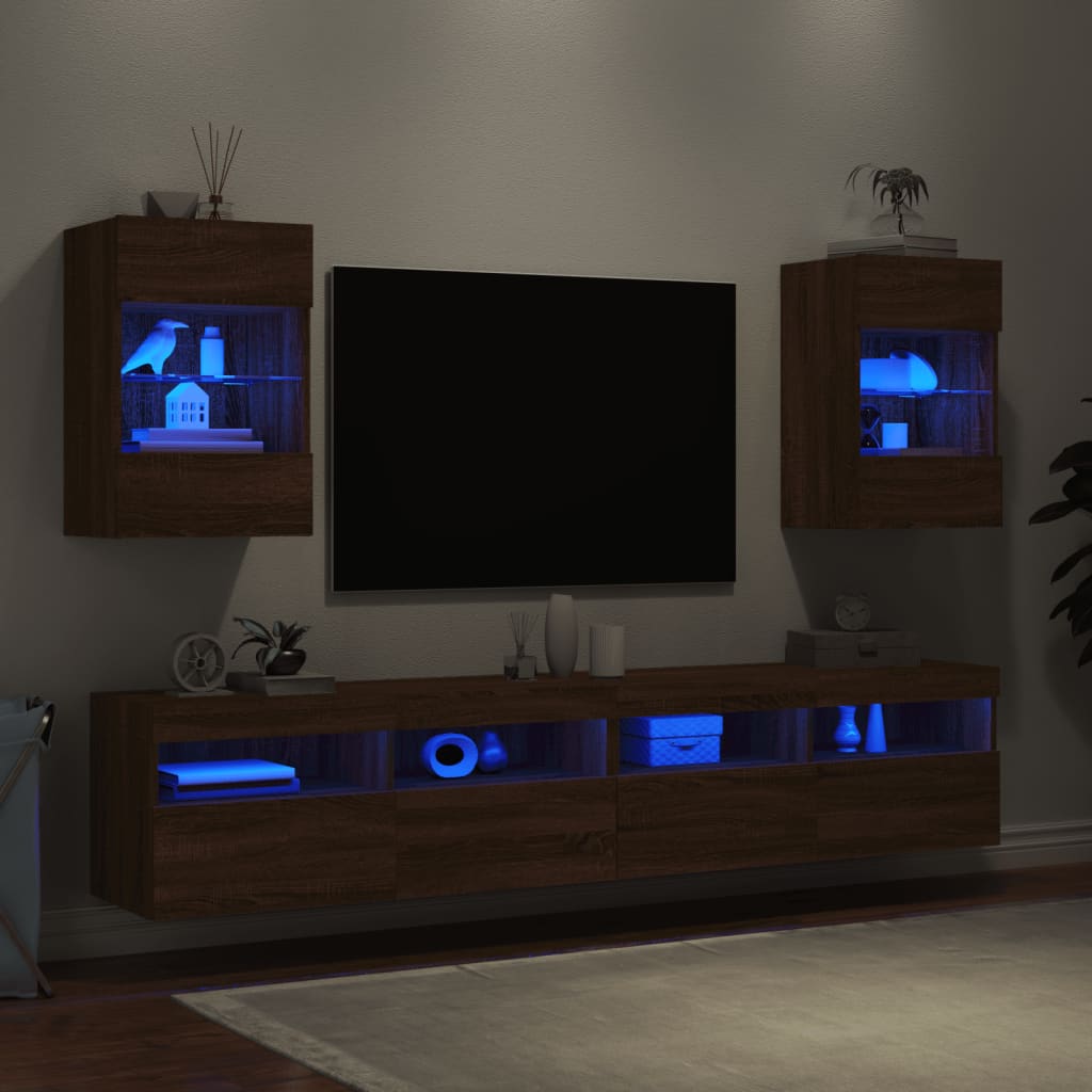 vidaXL TV-seinäkaapit LED-valoilla 2 kpl ruskea tammi 40x30x60,5 cm