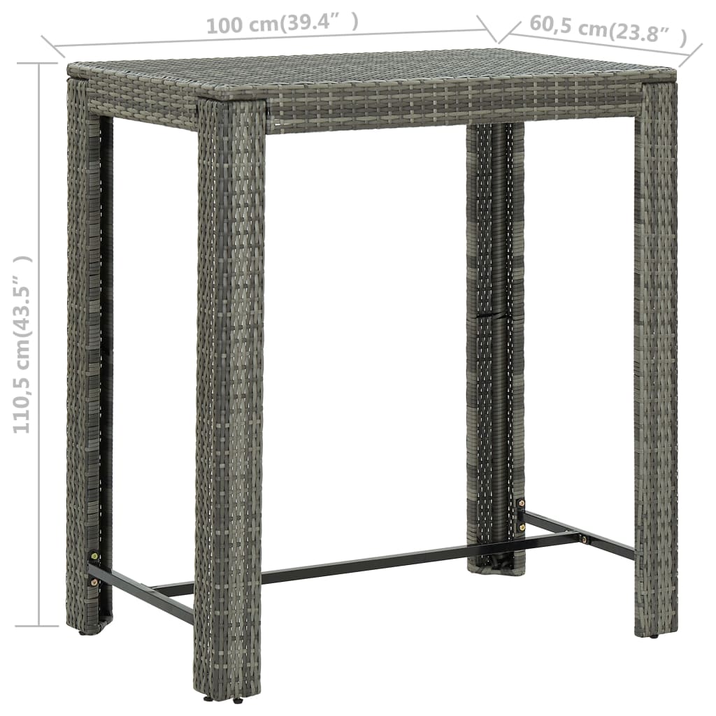 vidaXL Puutarhan baaripöytä harmaa 100x60,5x110,5 cm polyrottinki