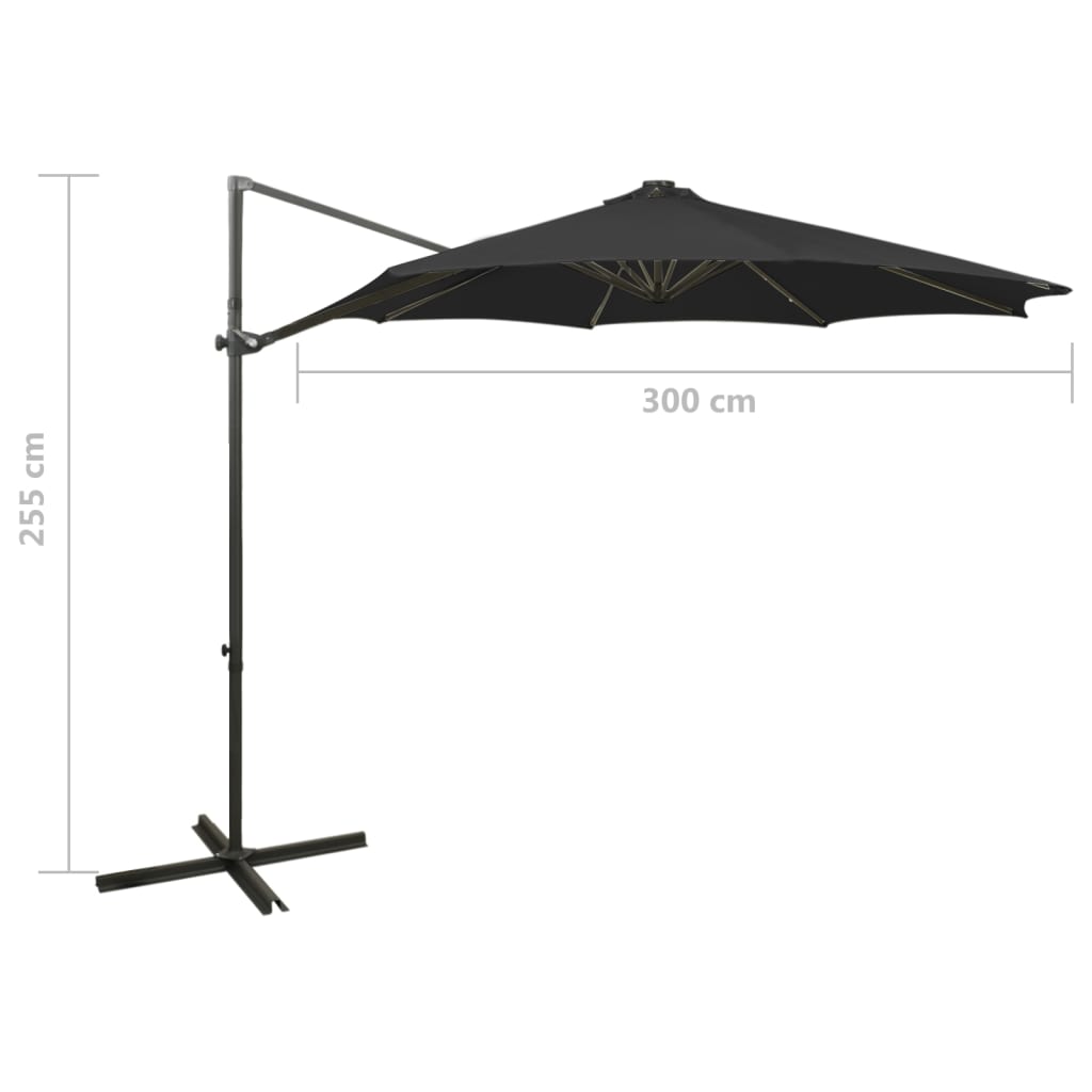 vidaXL Riippuva aurinkovarjo tangolla ja LED-valoilla musta 300 cm