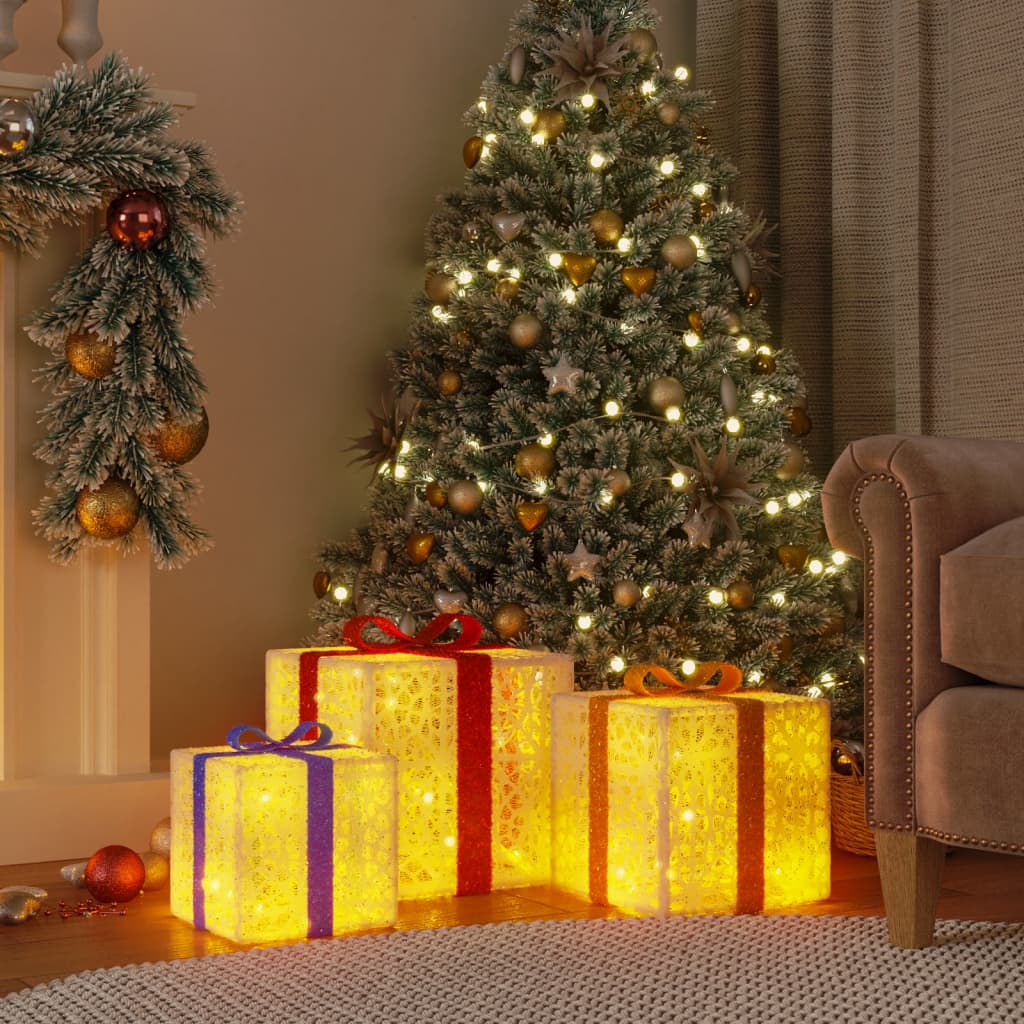 vidaXL Valaistut joululahjat 3 kpl 64 lämpimän valkoista LED-valoa