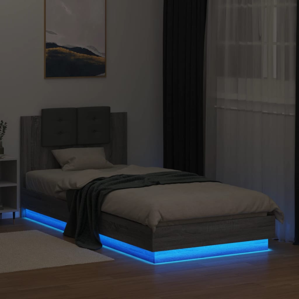 vidaXL Sängynrunko päädyllä ja LED-valoilla harmaa Sonoma 90x200 cm
