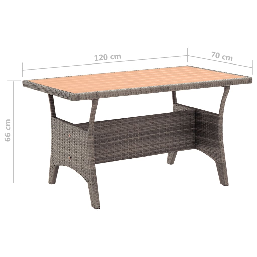 vidaXL Puutarhapöytä harmaa 120x70x66 cm polyrottinki