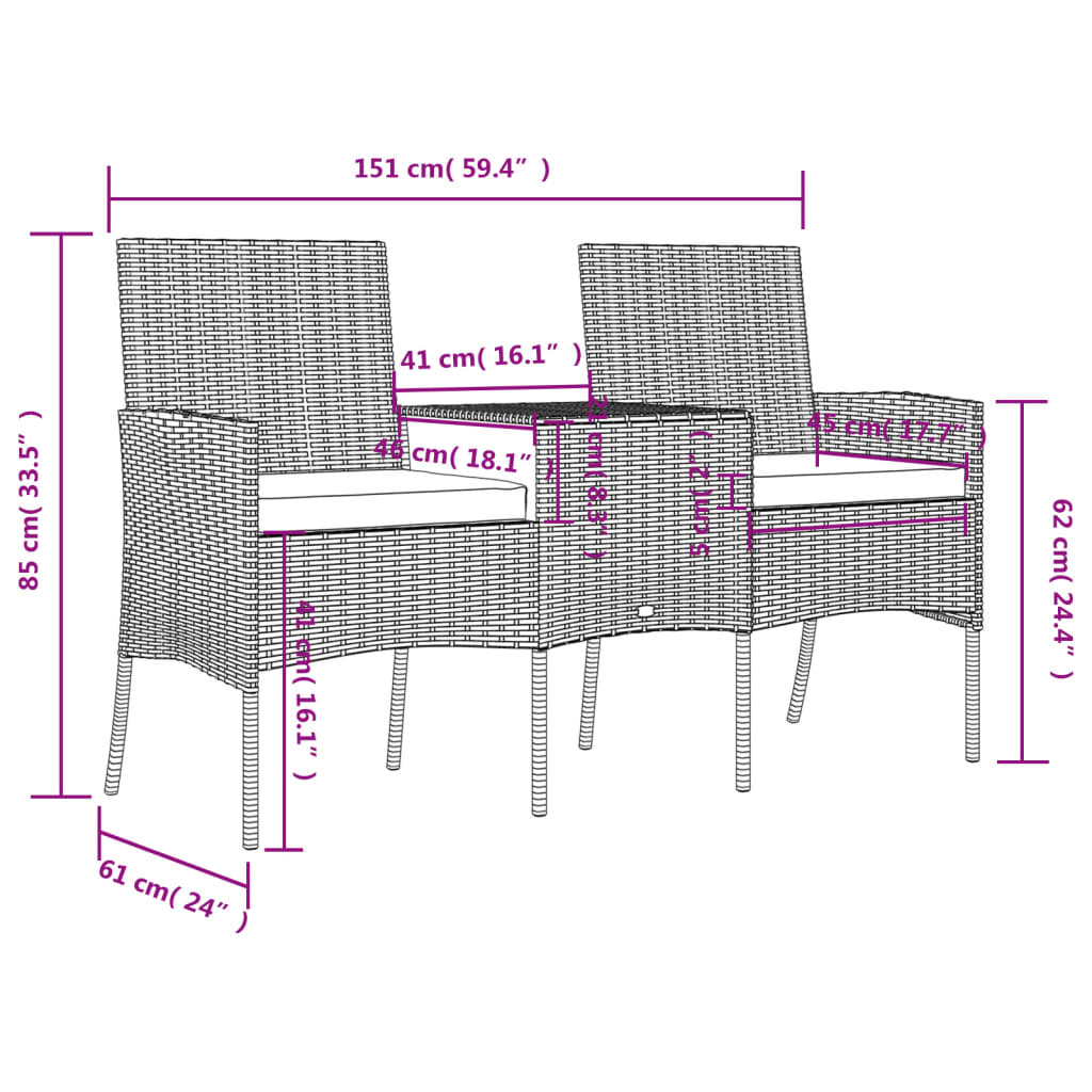 vidaXL 2-istuttava Puutarhasohva pikkupöydällä polyrottinki musta