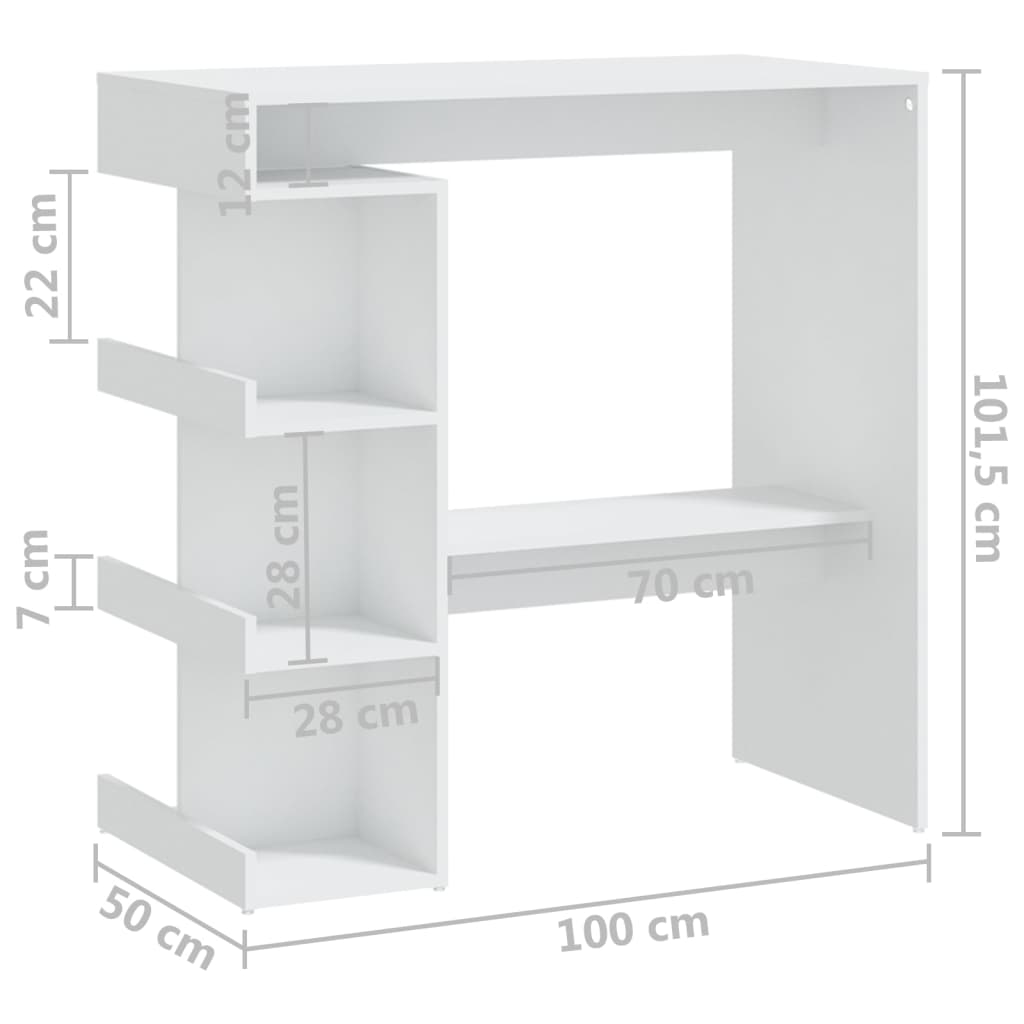 vidaXL Baaripöytä säilytystelineellä valk. 100x50x101,5 cm lastulevy