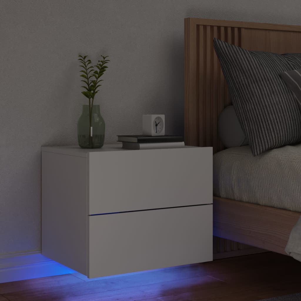 vidaXL Seinäkiinnitettävä yöpöytä LED-valoilla valkoinen