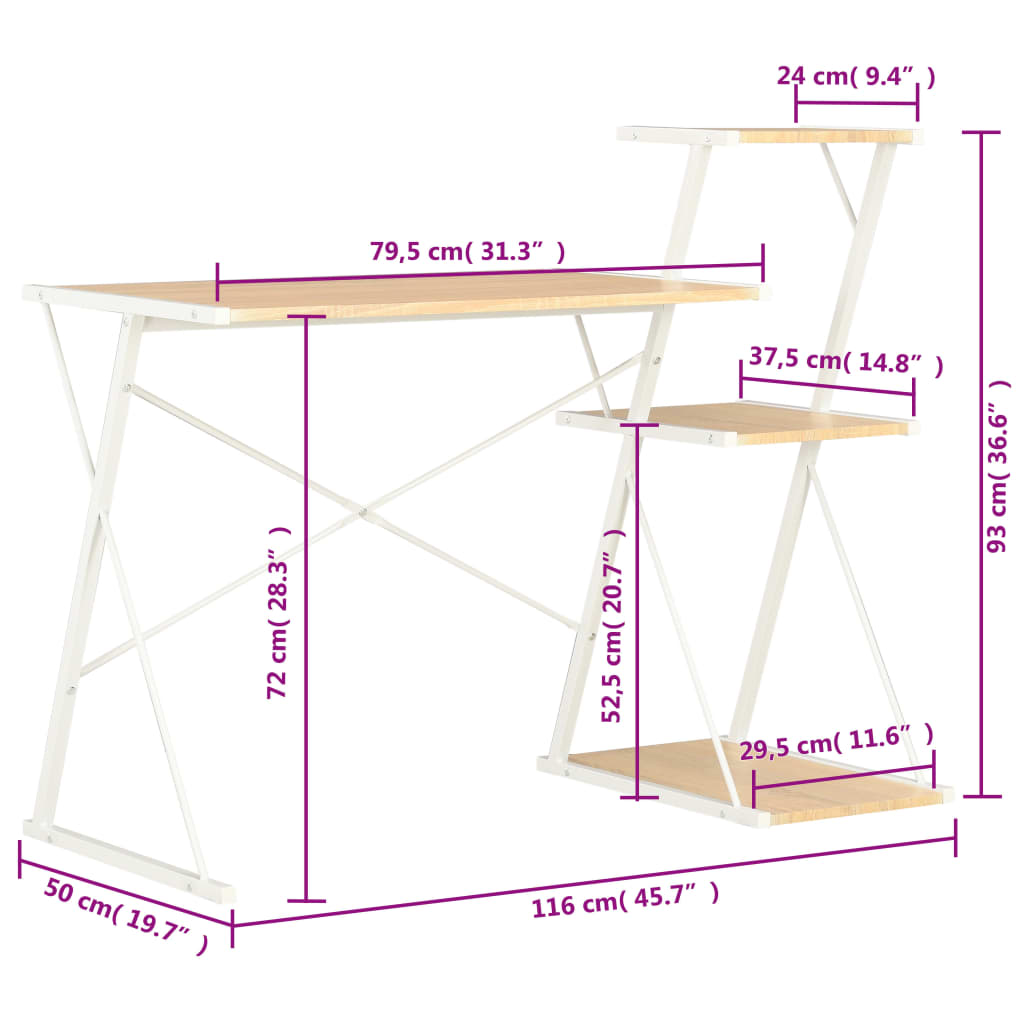 vidaXL Työpöytä hyllyllä valkoinen ja tammi 116x50x93 cm