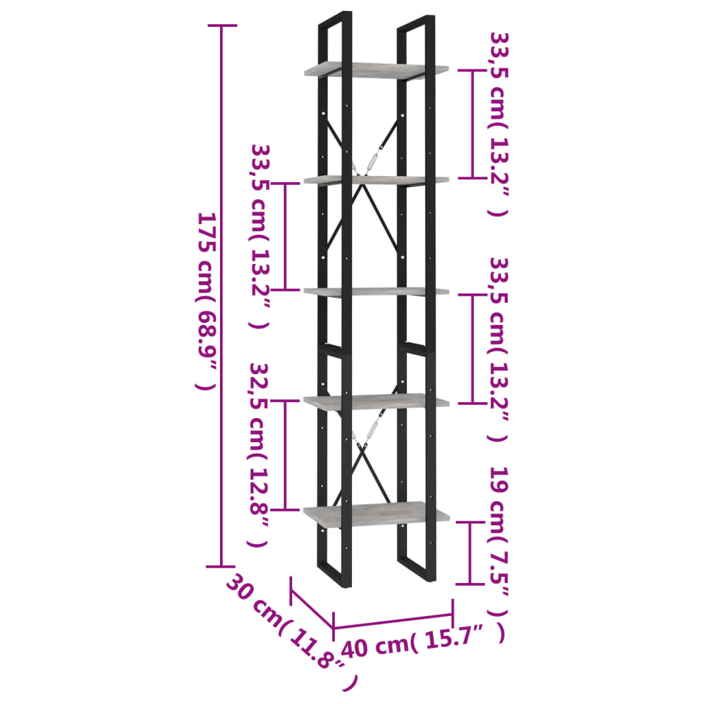 vidaXL 5-tasoinen kirjahylly betoninharmaa 40x30x175 cm lastulevy