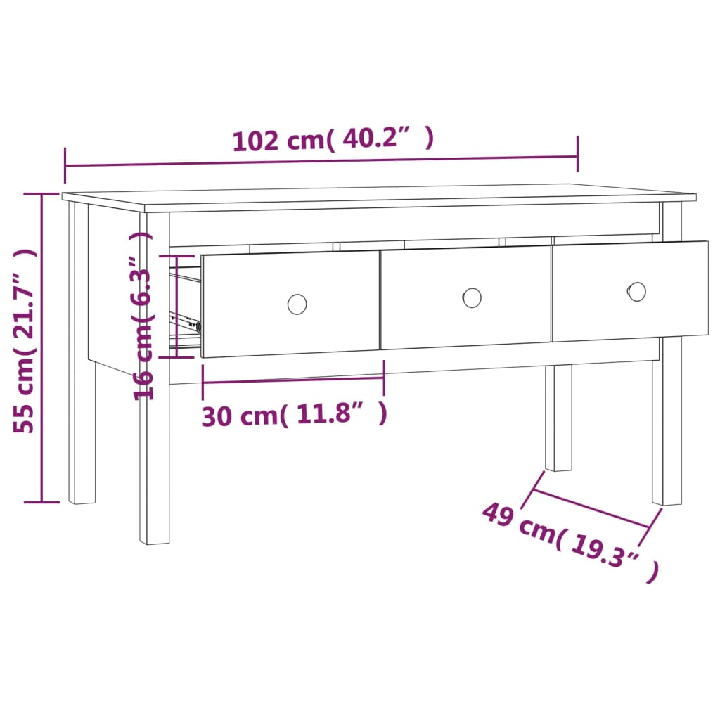 vidaXL Sohvapöytä harmaa 102x49x55 cm täysi mänty