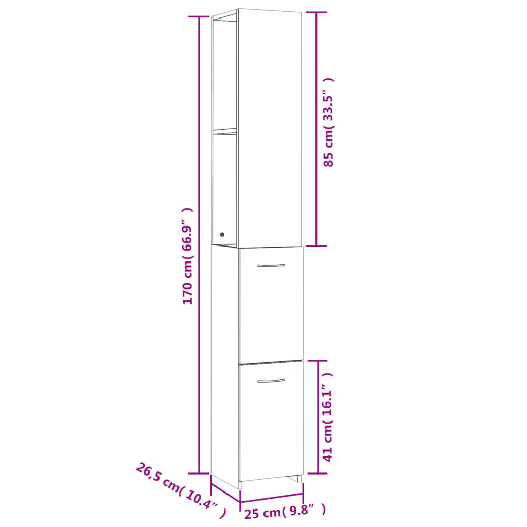 vidaXL Kylpyhuonekaappi korkeakiilto valk 25x26,5x170 cm tekninen puu