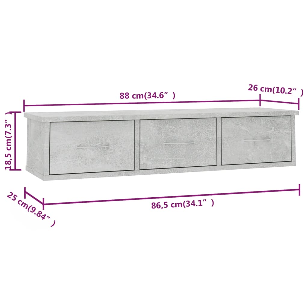 vidaXL Seinälaatikkohylly betoninharmaa 88x26x18,5 cm lastulevy