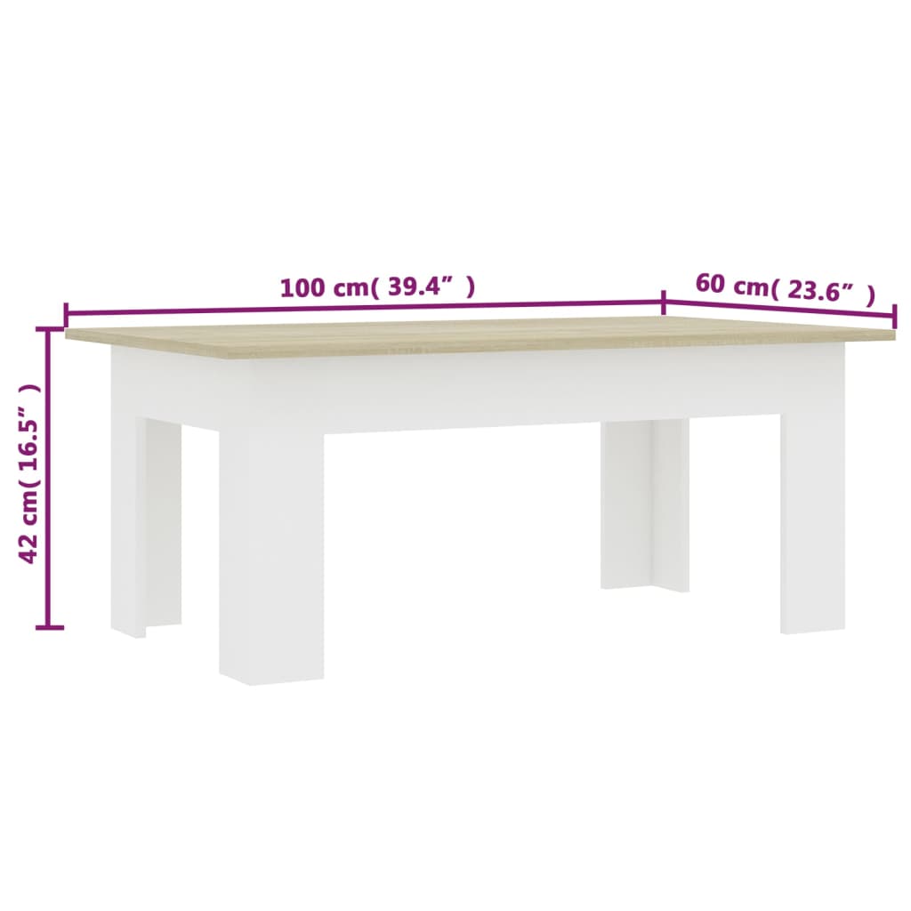 vidaXL Sohvapöytä valkoinen ja Sonoma-tammi 100x60x42 cm lastulevy