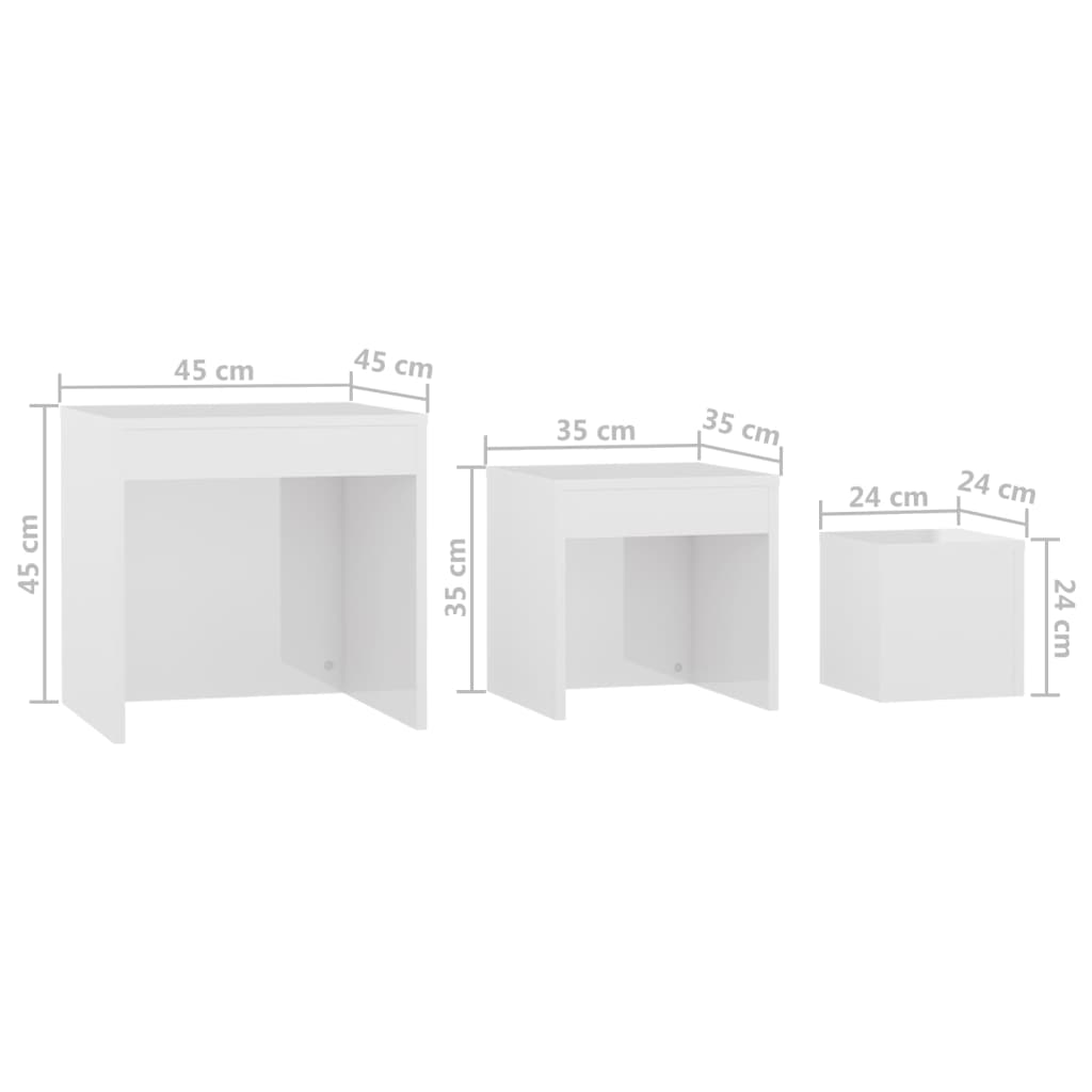 vidaXL Sarjapöydät 3 kpl korkeakiilto valkoinen lastulevy