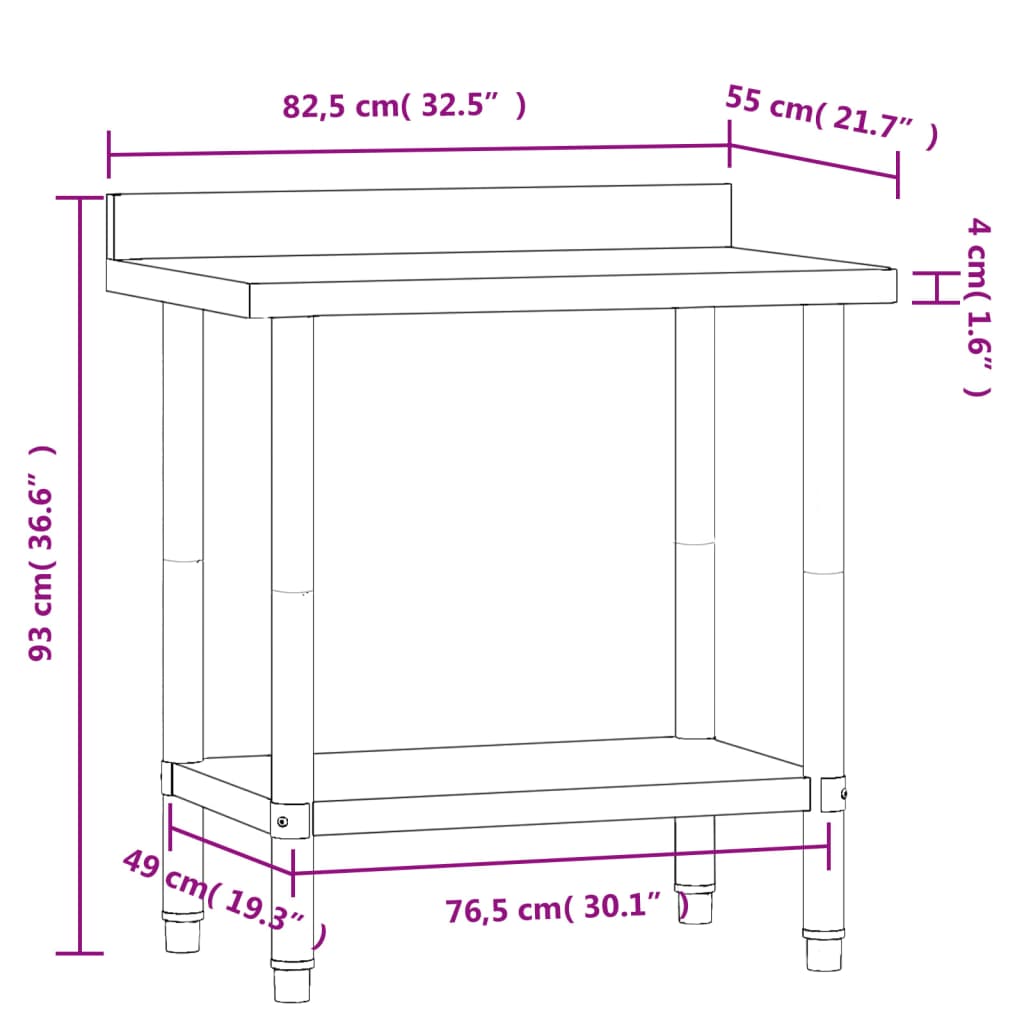 vidaXL Keittiön työpöytä roiskesuoja 82,5x55x93 cm ruostumaton teräs