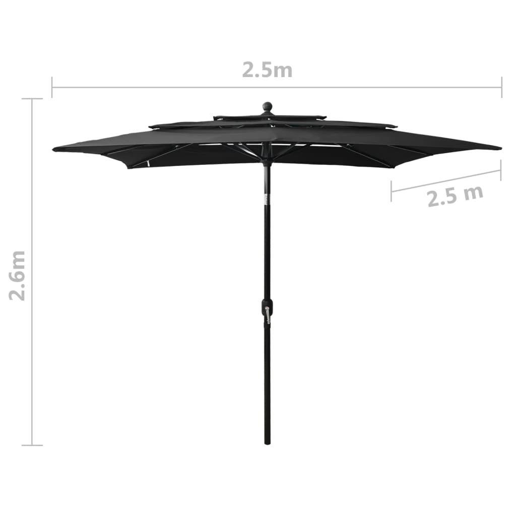 vidaXL 3-tasoinen aurinkovarjo alumiinitanko musta 2,5x2,5 m
