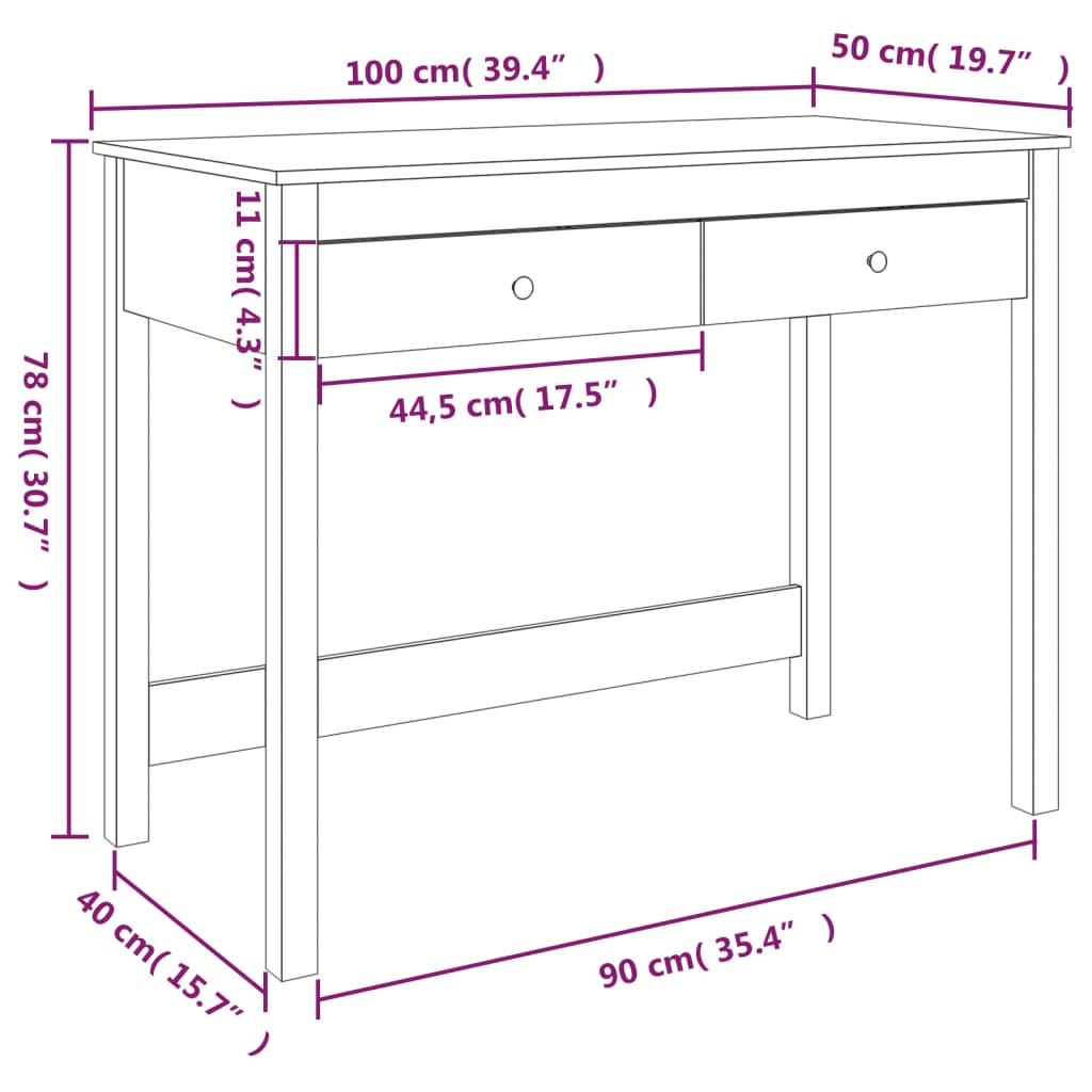 vidaXL Työpöytä laatikoilla valkoinen 100x50x78 cm täysi mänty