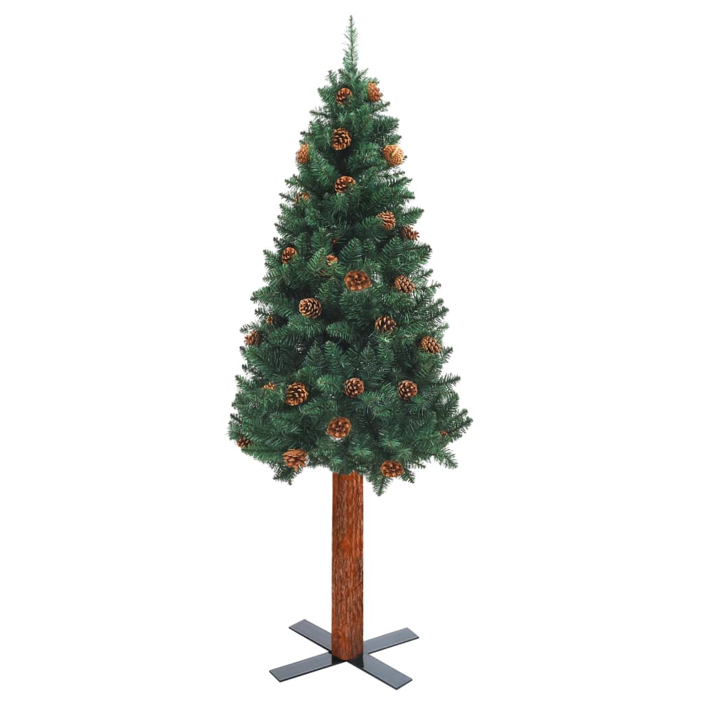 vidaXL Kapea joulukuusi LED, aito puu ja kävyt vihreä 150 cm