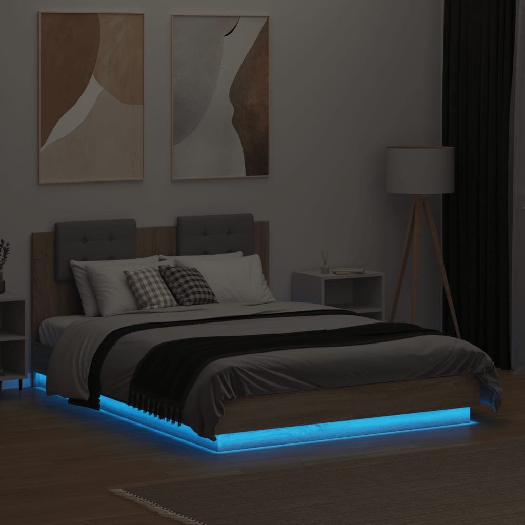 vidaXL Sängynrunko päädyllä ja LED-valoilla Sonoma-tammi 135x190 cm