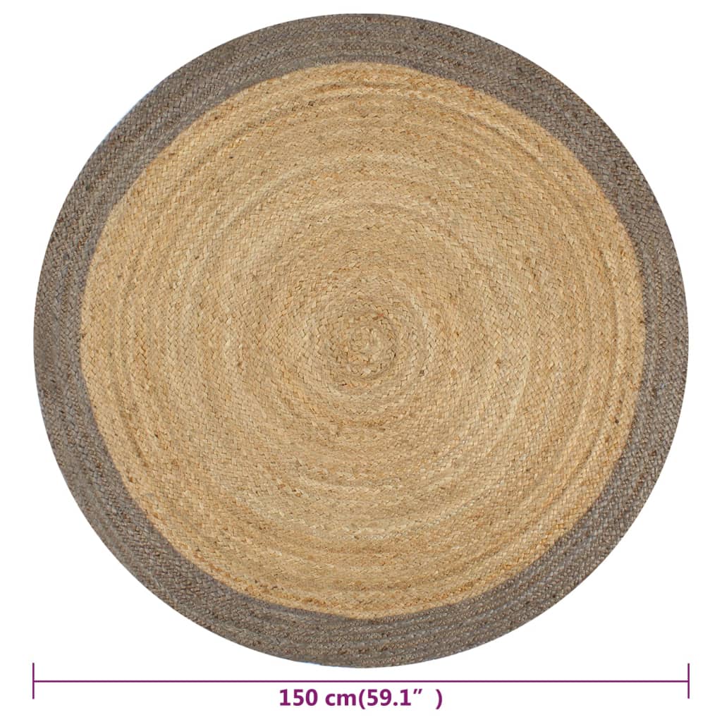 vidaXL Käsintehty pyöreä juuttimatto harmaalla reunalla 150 cm
