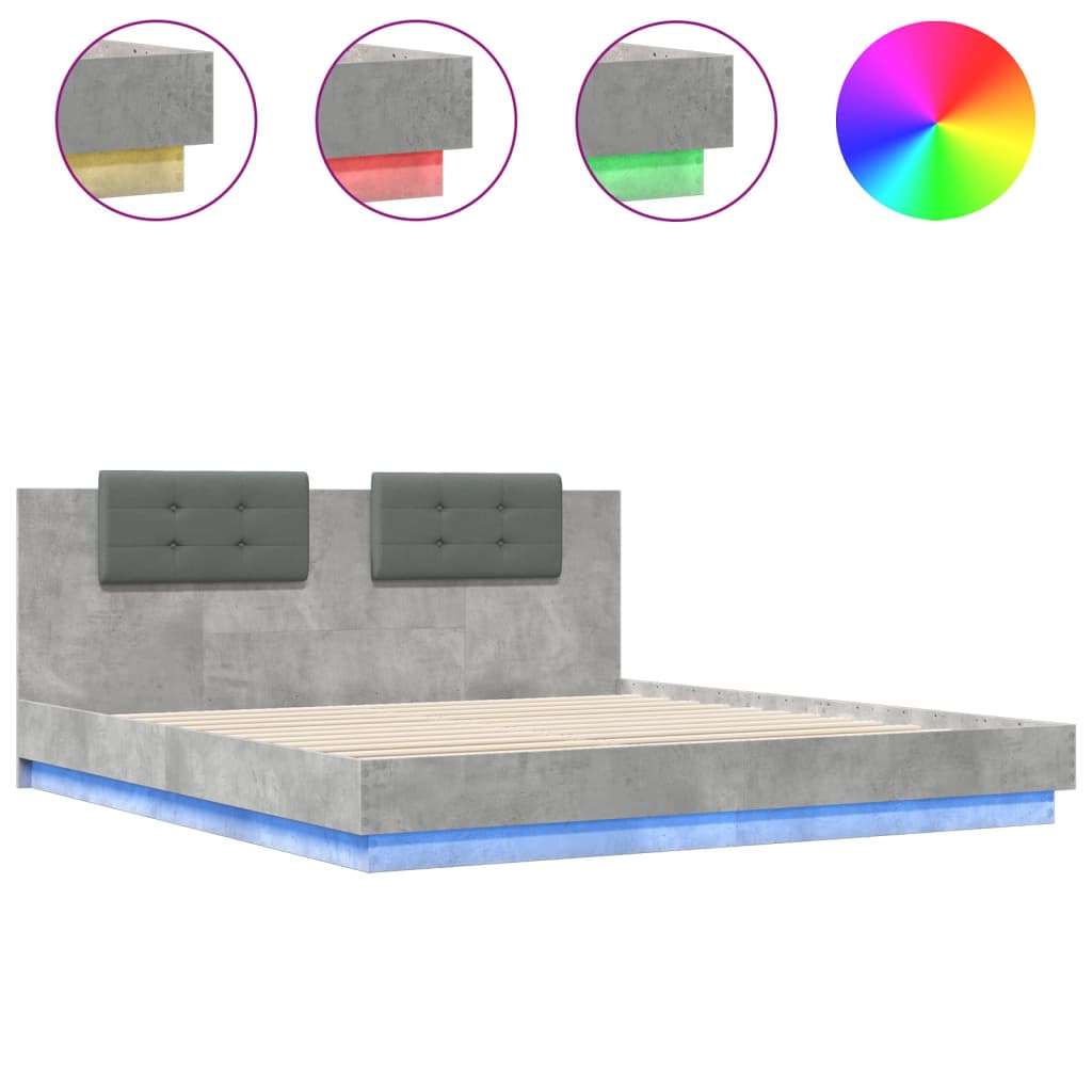 vidaXL Sängynrunko päädyllä ja LED-valoilla betoninharmaa 180x200 cm