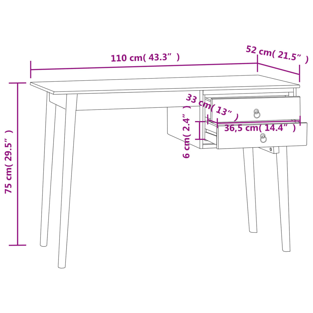 vidaXL Työpöytä 2 vetolaatikolla 110x52x75 cm täysi tiikki