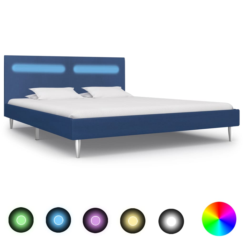vidaXL Sängynrunko LED-valolla sininen kangas 150x200 cm