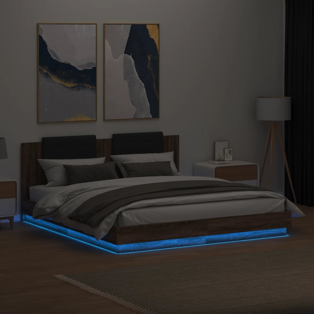vidaXL Sängynrunko päädyllä ja LED-valoilla ruskea tammi 160x200 cm