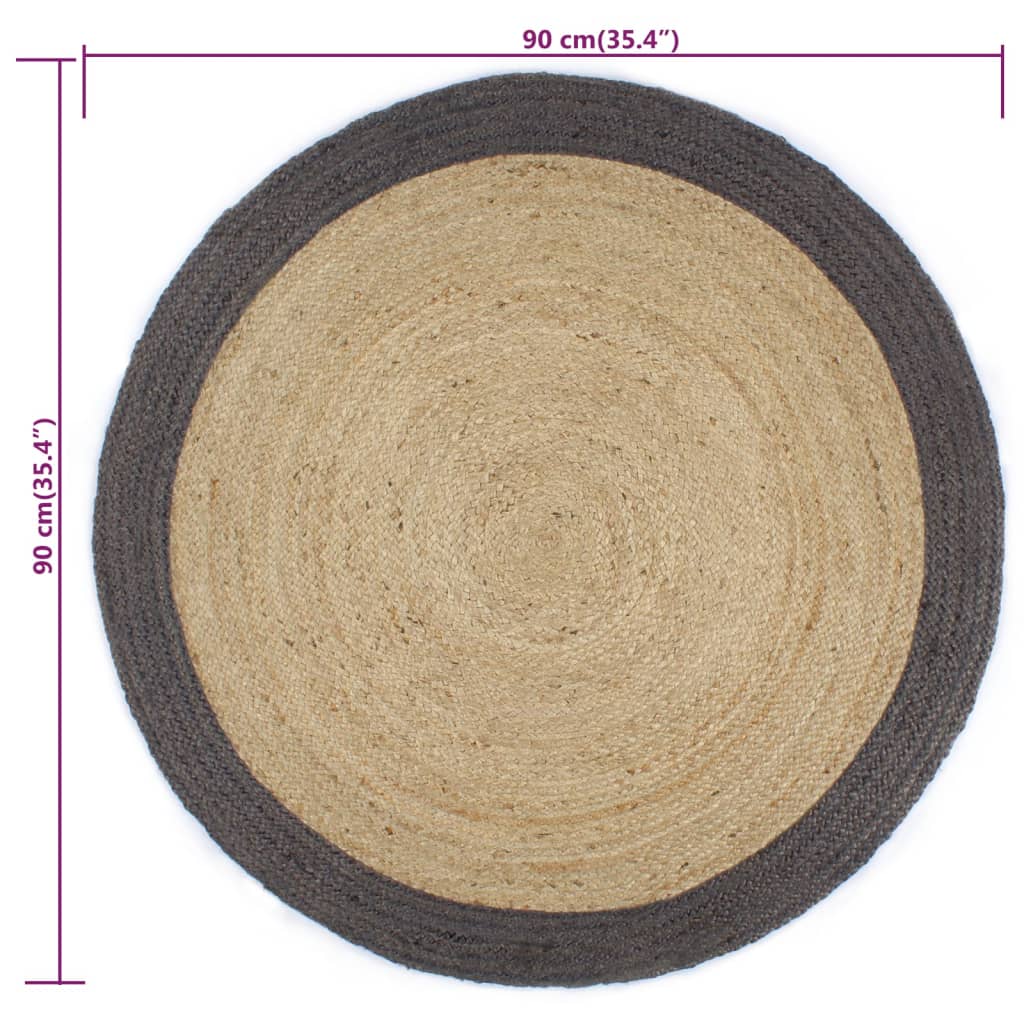 vidaXL Käsintehty pyöreä juuttimatto tummanharmaalla reunalla 90 cm