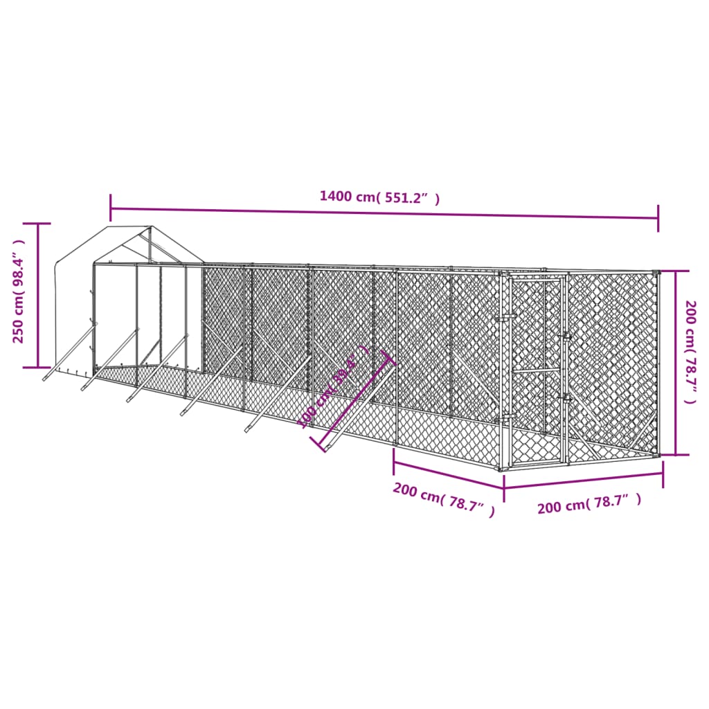 vidaXL Koiran ulkohäkki katolla hopea 2x14x2,5 m galvanoitu teräs