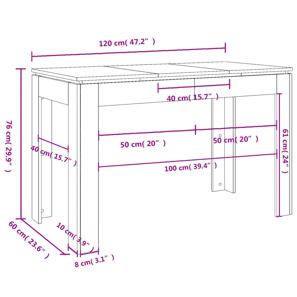 vidaXL Ruokapöytä korkeakiilto harmaa 120x60x76 cm lastulevy