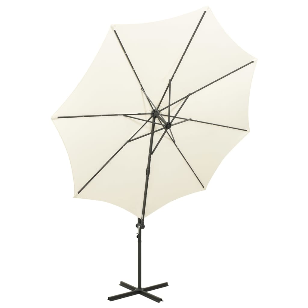 vidaXL Riippuva aurinkovarjo tangolla ja LED-valoilla hiekka 300 cm
